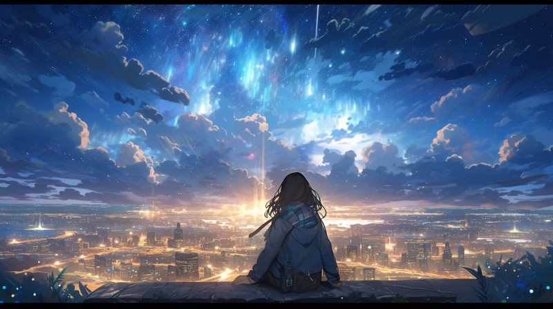 Anime Girls, Townscape, Sky Blue, Clouds, Viewpoint, Sitting Wallpaper