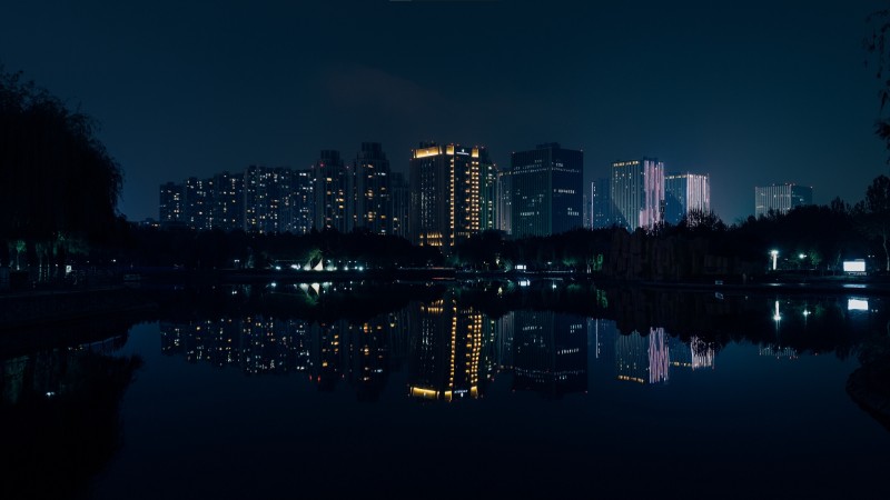 Night, City, Lake, Building Wallpaper