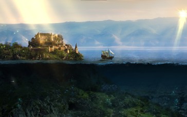 Island, Ship, Castle, Underwater, Digital Art Wallpaper