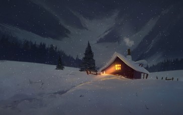 Cabin, Snow, Night, Forest, Isolated, Sky Wallpaper