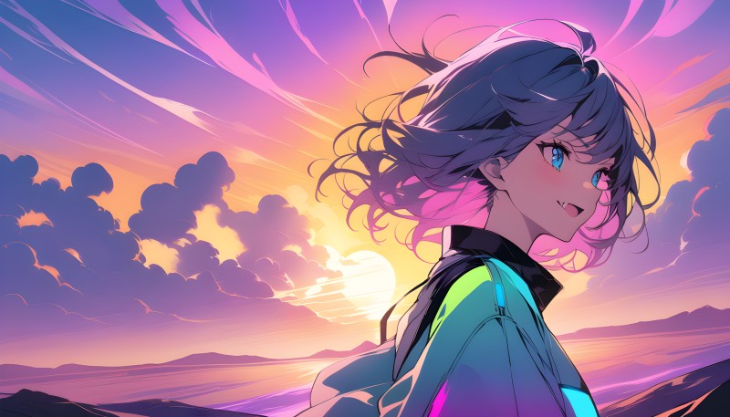 AI Art, Anime Girls, Clouds, Neon, Colorful Wallpaper