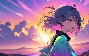 AI Art, Anime Girls, Clouds, Neon, Colorful Wallpaper