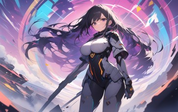 AI Art, Anime Girls, Futuristic Armor, Battle Wallpaper
