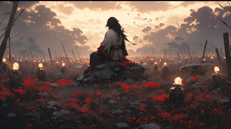 Sunset, Flowers, Nature, Outdoors, Samurai, Anime Boys Wallpaper