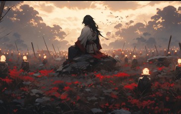 Sunset, Flowers, Nature, Outdoors, Samurai, Anime Boys Wallpaper
