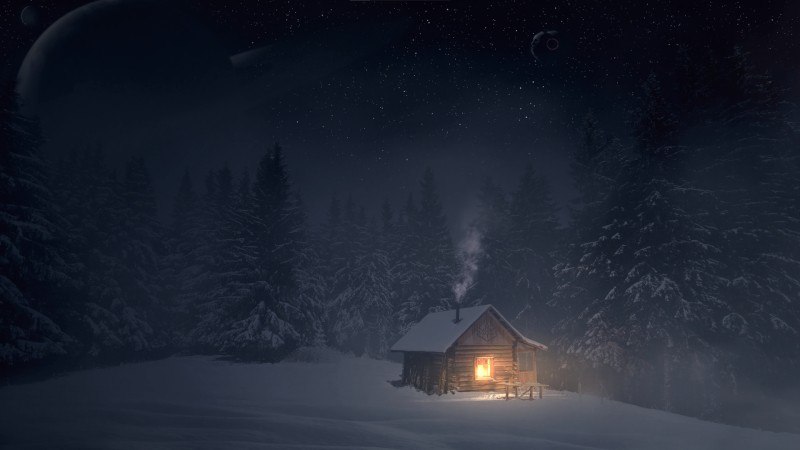 Cabin, Snow, Isolated, Forest, Stars Wallpaper