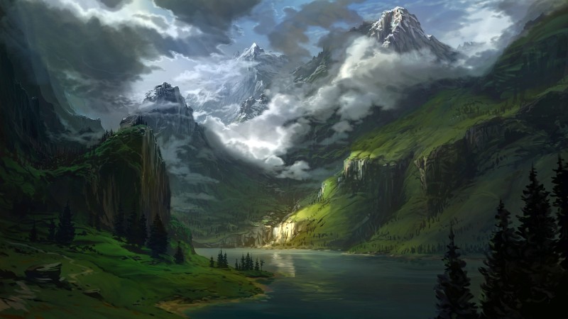 Mountains, Lake, Digital Art, Landscape Wallpaper