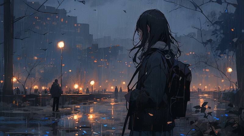 Anime Girls, Night, City Lights, Street Light, Rain Wallpaper