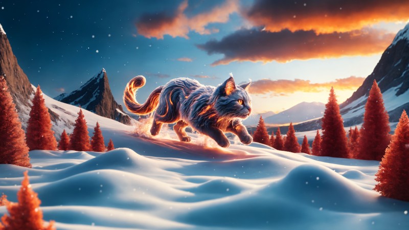 Fire, Mountain Top, Snow, Cats, Trees, Sunset Wallpaper