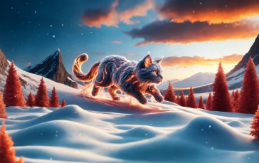 Fire, Mountain Top, Snow, Cats, Trees, Sunset Wallpaper
