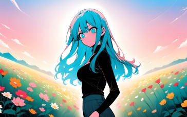 AI Art, Anime Girls, Flowers, Blue Hair Wallpaper