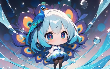AI Art, Anime Girls, Chibi, Peacock Feathers Wallpaper