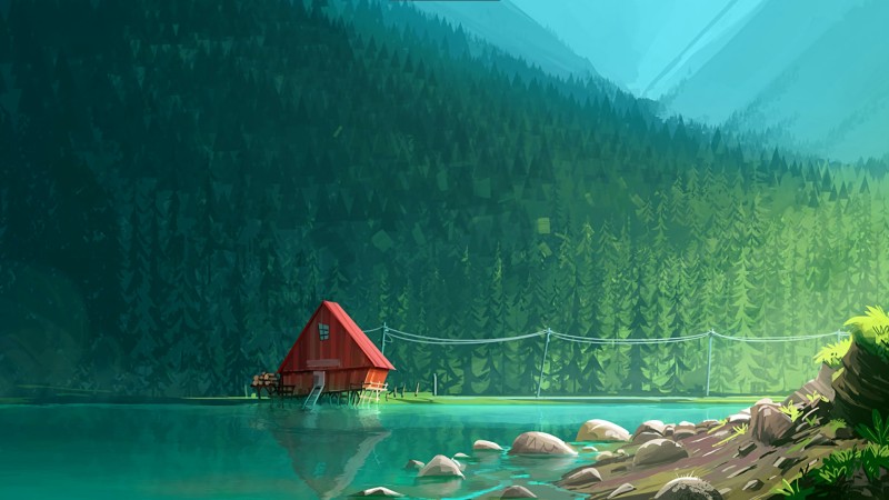 Cabin, Forest, Artwork, Lake, Camping, Wires Wallpaper