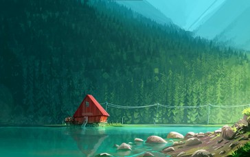 Cabin, Forest, Artwork, Lake, Camping, Wires Wallpaper