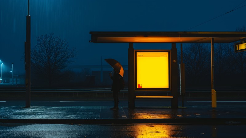 AI Art, Illustration, Bus Stop, Blue, Yellow Wallpaper
