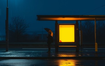 AI Art, Illustration, Bus Stop, Blue, Yellow Wallpaper