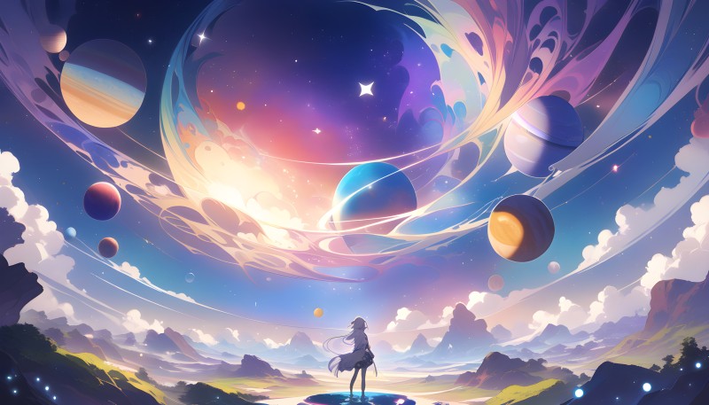 Anime Girls, AI Art, Planet, Clouds Wallpaper