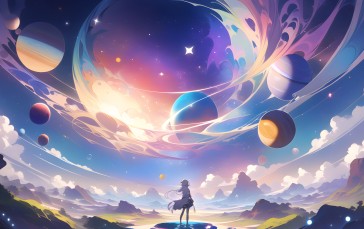 Anime Girls, AI Art, Planet, Clouds Wallpaper
