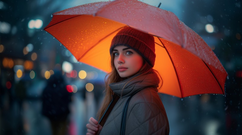 AI Art, Women, Orange, Umbrella, Bokeh, Rain Wallpaper