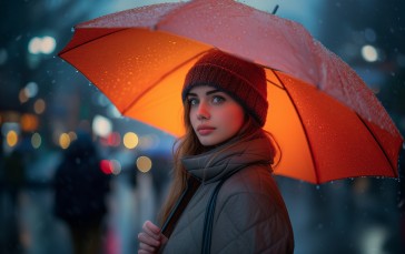 AI Art, Women, Orange, Umbrella, Bokeh, Rain Wallpaper