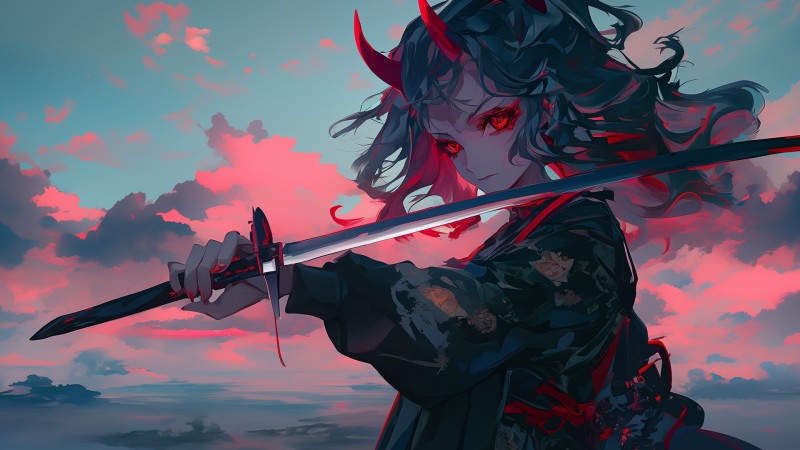 AI Art, Onigirl, Oni, Samurai, Anime Girls, Red Devil Wallpaper