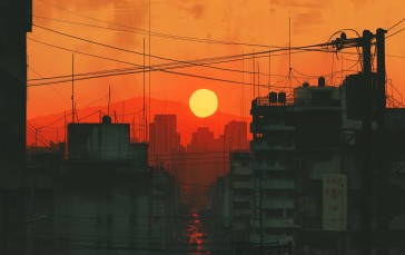 AI Art, Illustration, Sunset, City Wallpaper