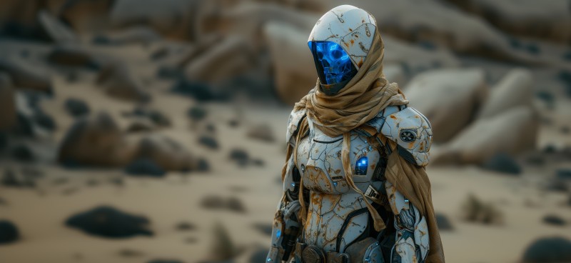 AI Art, Skull, Blue, Science Fiction, Desert, Character Design Wallpaper