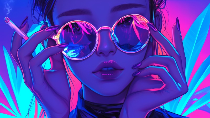 AI Art, Sunglasses, Neon, Warm Light, Cigarettes Wallpaper